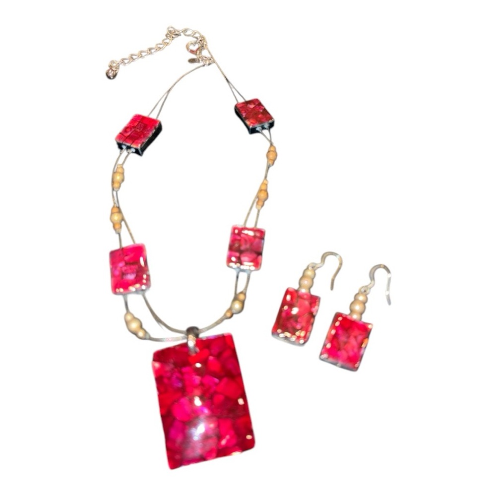 Chico’s Glass Mosiac Tiles thin silver chain w/gold balls. Matching earrings RN